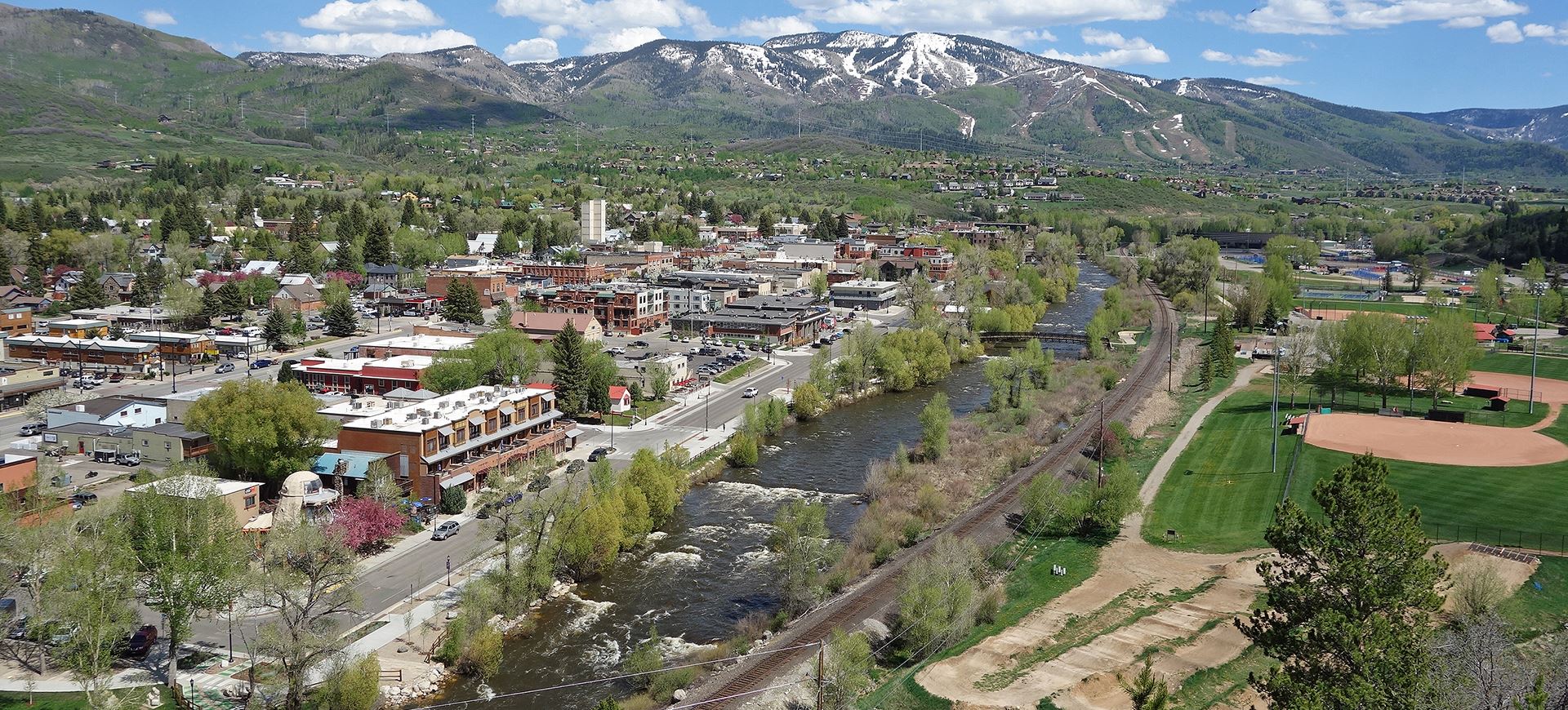 Steamboat Springs aerial view of Yampa river and valley