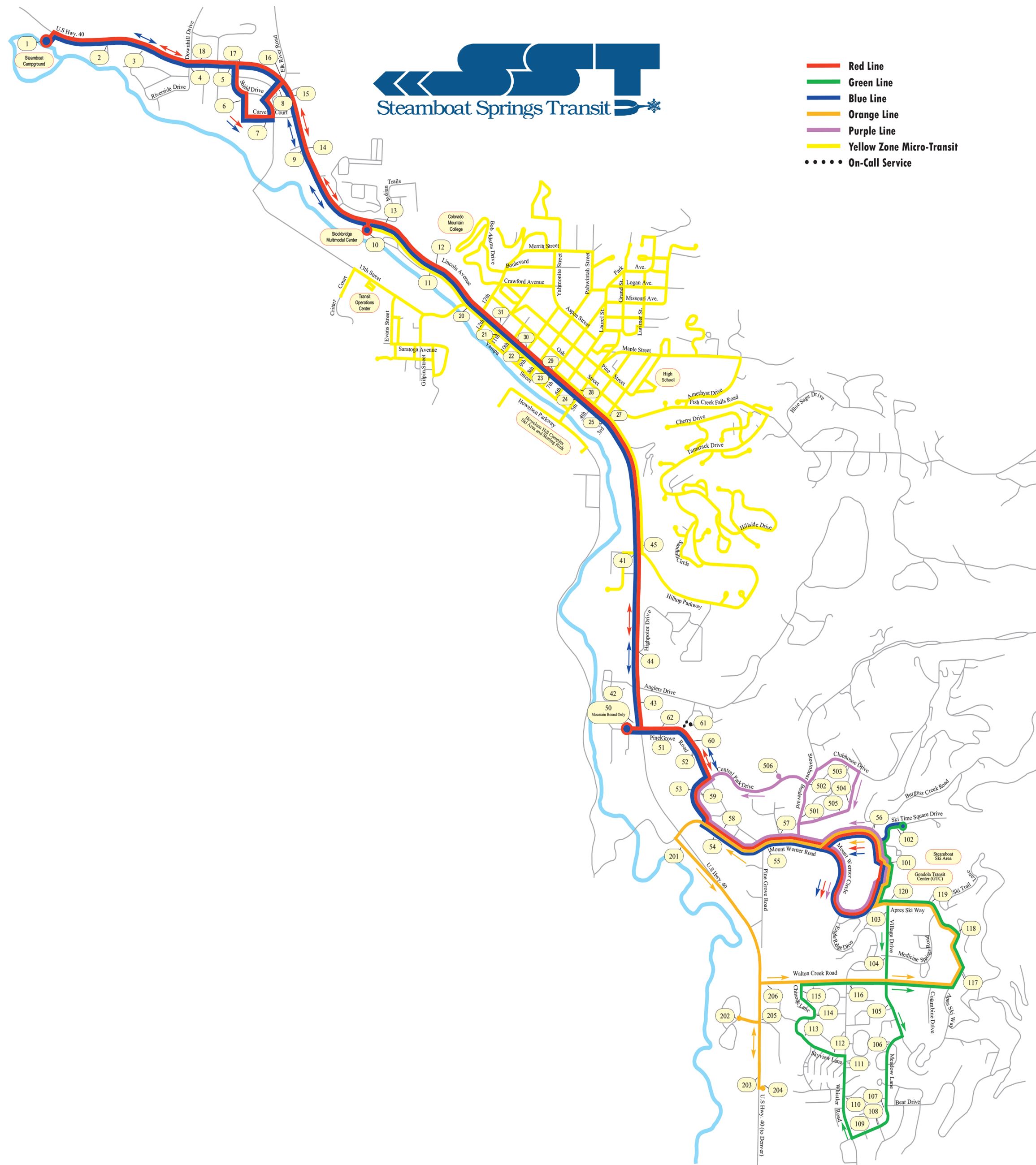 Steamboat Springs Transit Route Map for all bus lines. 