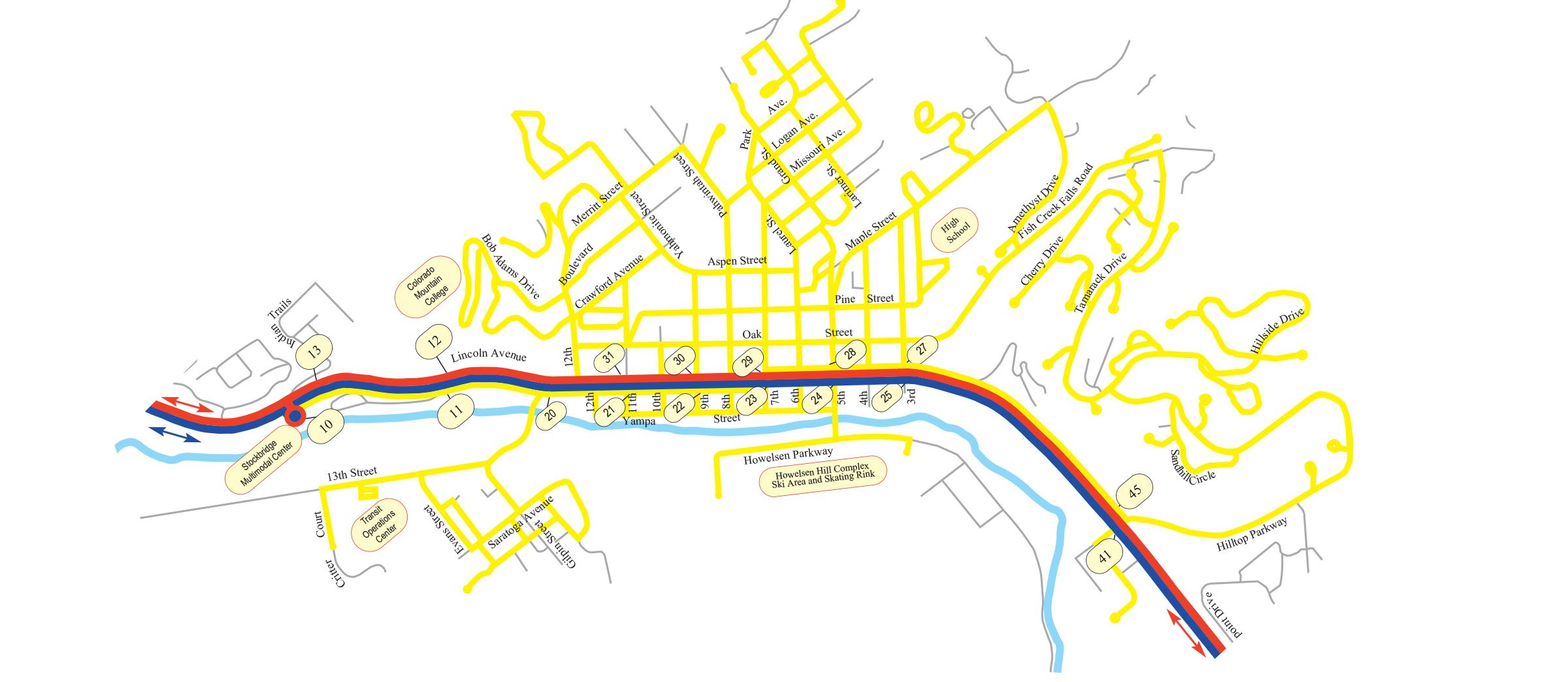 Steamboat Springs Transit Route Map for the Yellow Zone. 