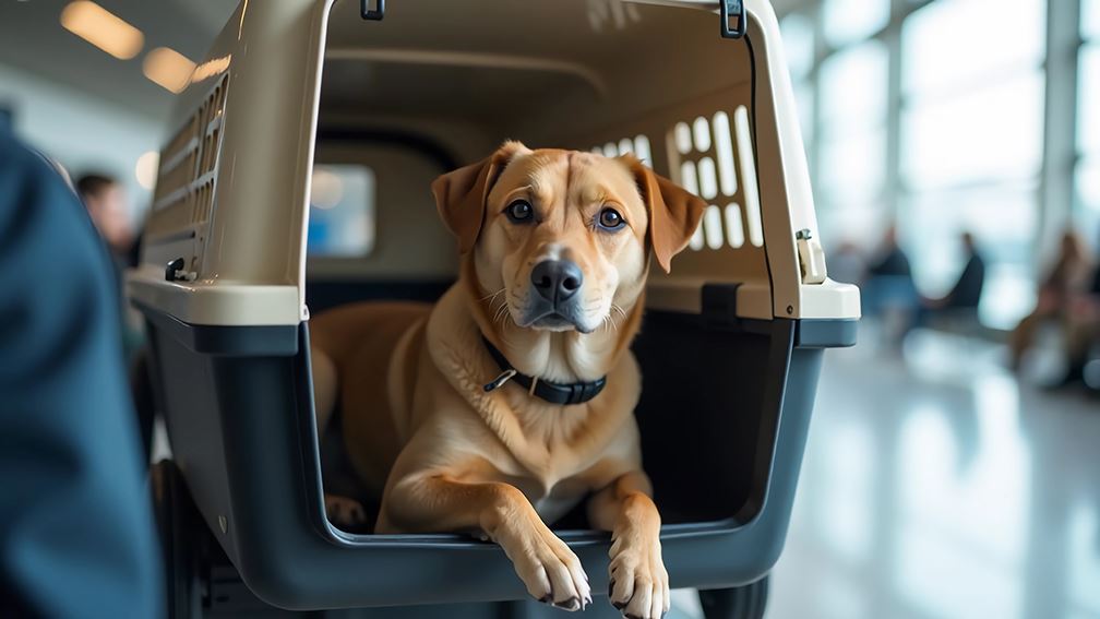 Dog in an airline pet carrier