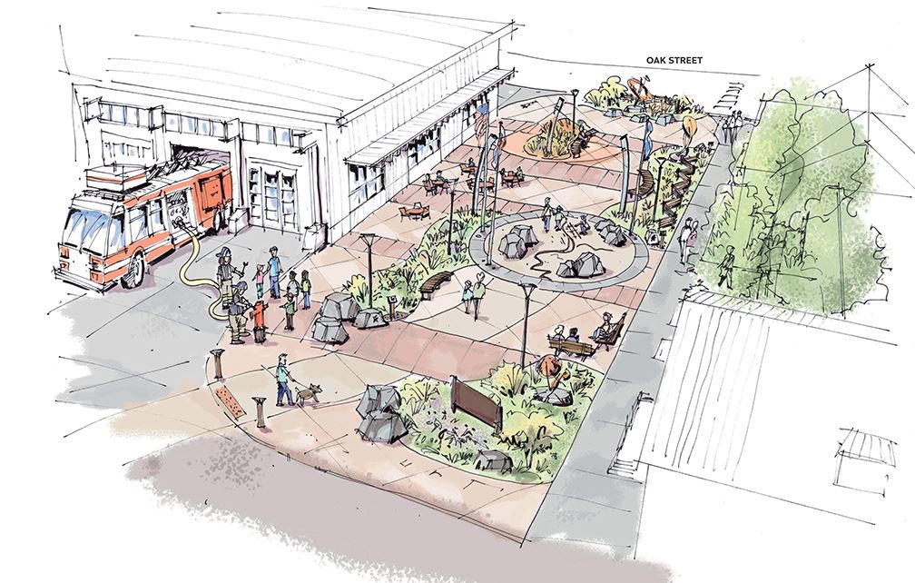 Rendering of the new Civic Plaza that connect Station 1, City Hall and Centennial Hall