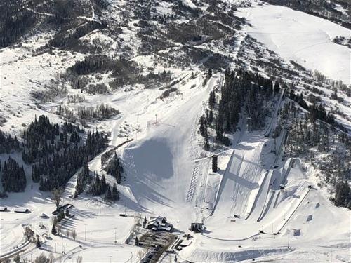 Aerial view of a snow covered ski area